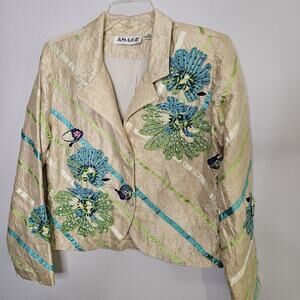 Vtg Anage 100% Silk Jacket Womens Small Floral Embroidered Beaded Tan Green Blue
